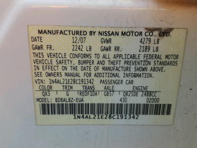 1N4AL21E28C191342 - 2008 NISSAN ALTIMA 2.5 WHITE photo 10