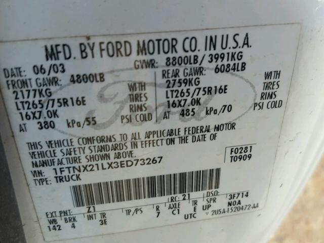 1FTNX21LX3ED73267 - 2003 FORD F250 SUPER WHITE photo 10