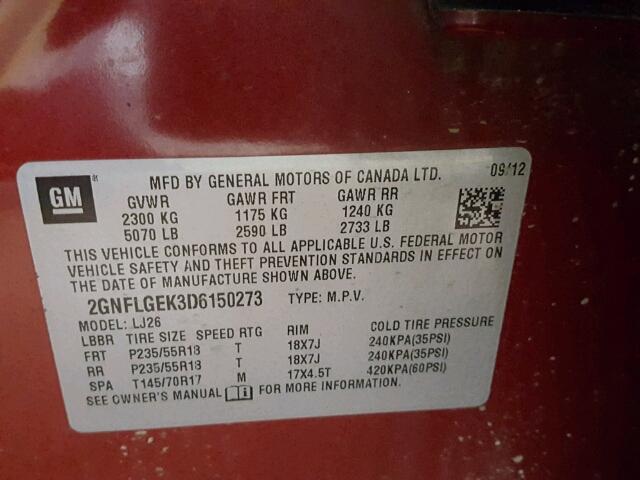 2GNFLGEK3D6150273 - 2013 CHEVROLET EQUINOX LT RED photo 10