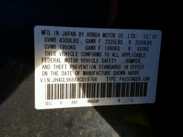 JH4CL968X8C019766 - 2008 ACURA TSX GRAY photo 10