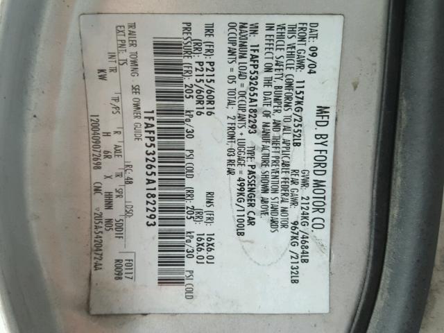 1FAFP53265A182293 - 2005 FORD TAURUS SILVER photo 10