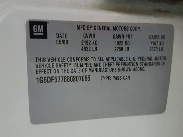 1G6DF577880207086 - 2008 CADILLAC CTS WHITE photo 10