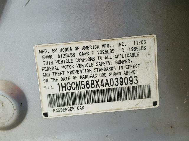 1HGCM568X4A039093 - 2004 HONDA ACCORD EX SILVER photo 10