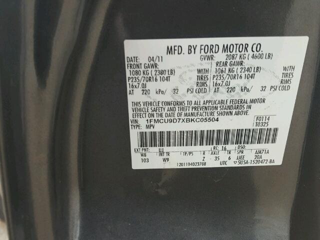 1FMCU9D7XBKC05504 - 2011 FORD ESCAPE XLT CHARCOAL photo 10