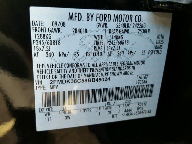 2FMDK38C58BB46024 - 2008 FORD EDGE SEL BLACK photo 10