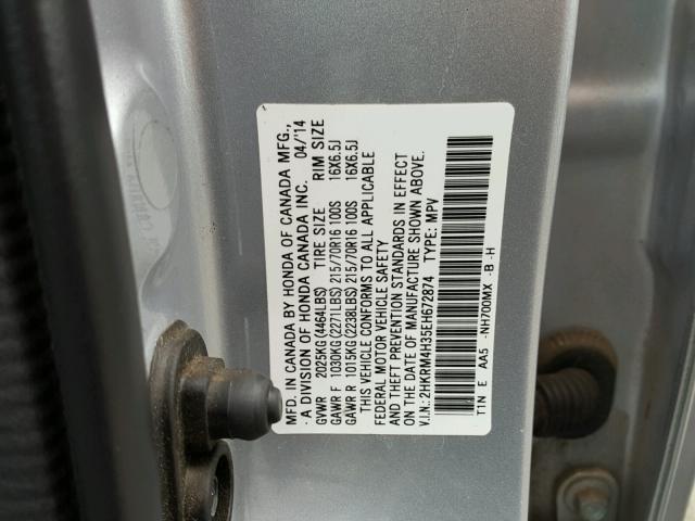 2HKRM4H35EH672874 - 2014 HONDA CR-V LX SILVER photo 10