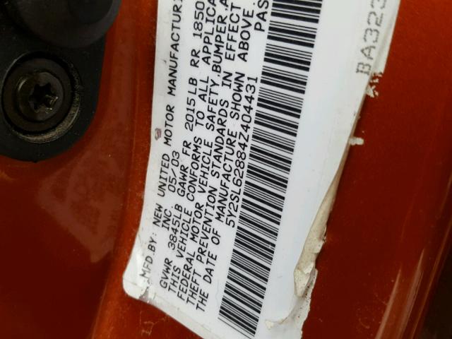 5Y2SL62884Z404431 - 2004 PONTIAC VIBE ORANGE photo 10