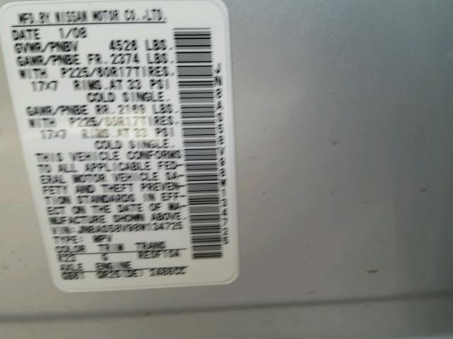 JN8AS58V98W134725 - 2008 NISSAN ROGUE S SILVER photo 10