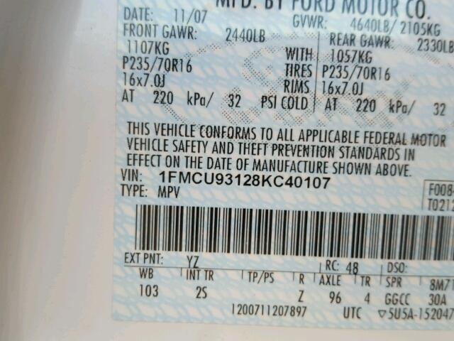 1FMCU93128KC40107 - 2008 FORD ESCAPE XLT WHITE photo 10