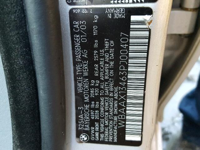 WBAAX13463PJ00407 - 2003 BMW 325 IT GRAY photo 10