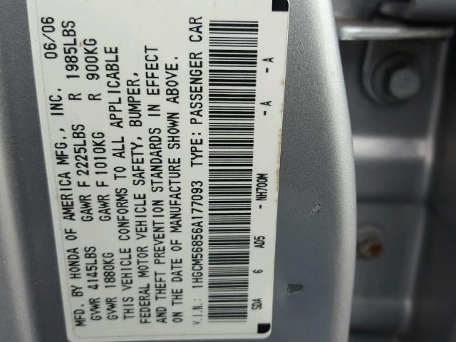 1HGCM56856A177093 - 2006 HONDA ACCORD EX SILVER photo 10