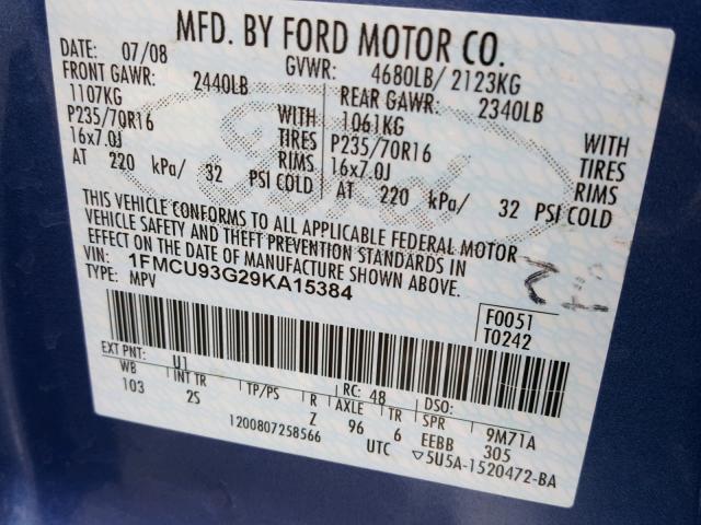 1FMCU93G29KA15384 - 2009 FORD ESCAPE XLT BLUE photo 10