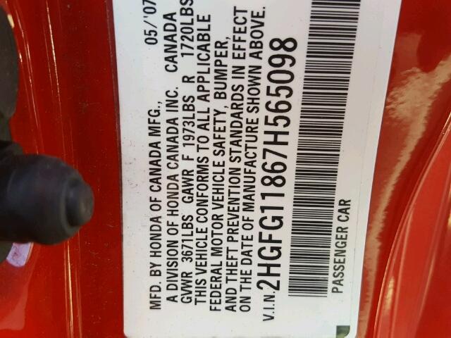 2HGFG11867H565098 - 2007 HONDA CIVIC EX წითელი ფოტო 10