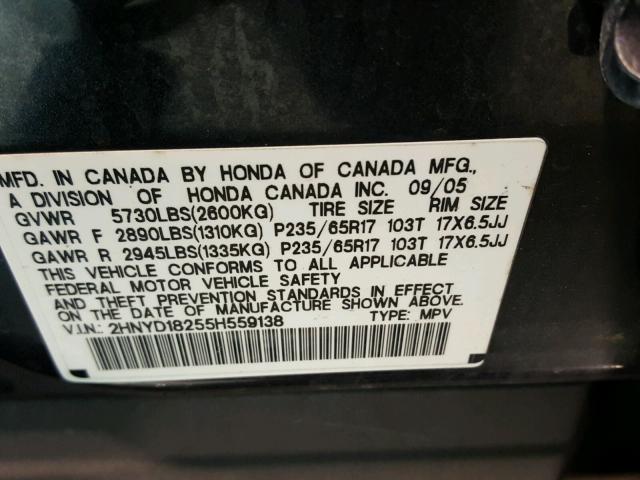 2HNYD18255H559138 - 2005 ACURA MDX GRAY photo 10