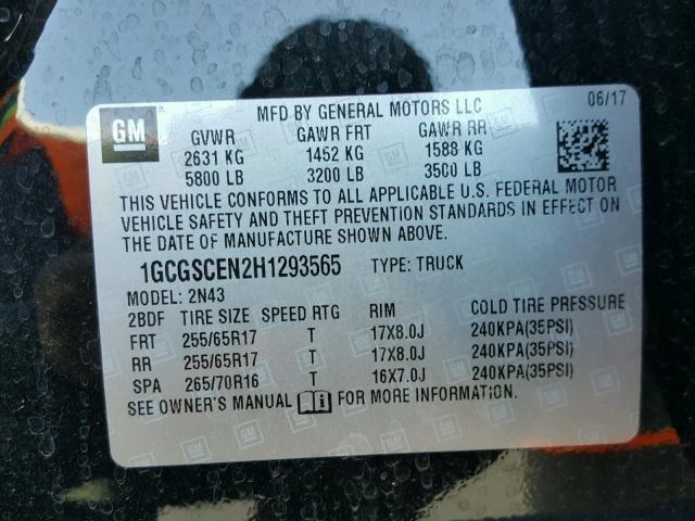 1GCGSCEN2H1293565 - 2017 CHEVROLET COLORADO L BLACK photo 10