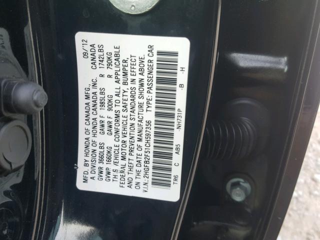 2HGFB2F51CH597356 - 2012 HONDA CIVIC LX BLACK photo 10