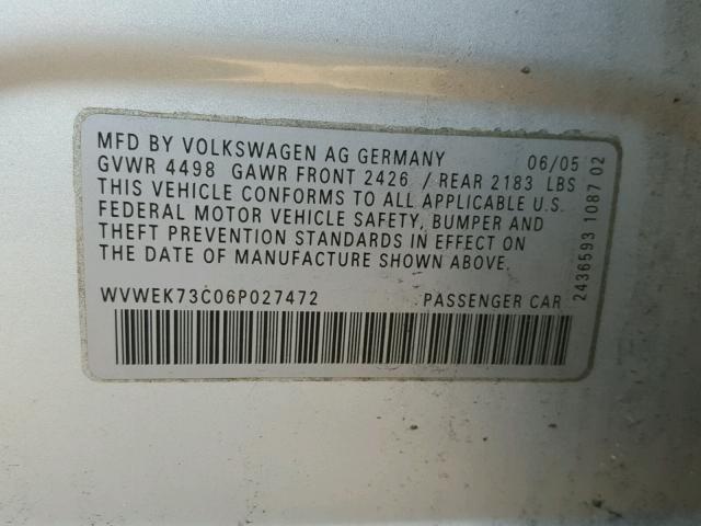 WVWEK73C06P027472 - 2006 VOLKSWAGEN PASSAT 2.0 SILVER photo 10