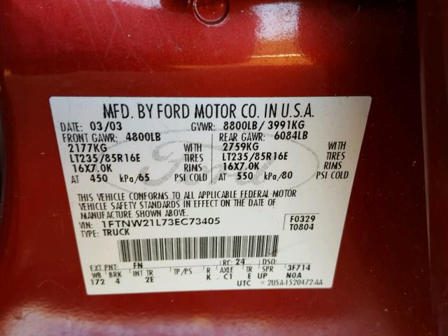 1FTNW21L73EC73405 - 2003 FORD F250 SUPER RED photo 10