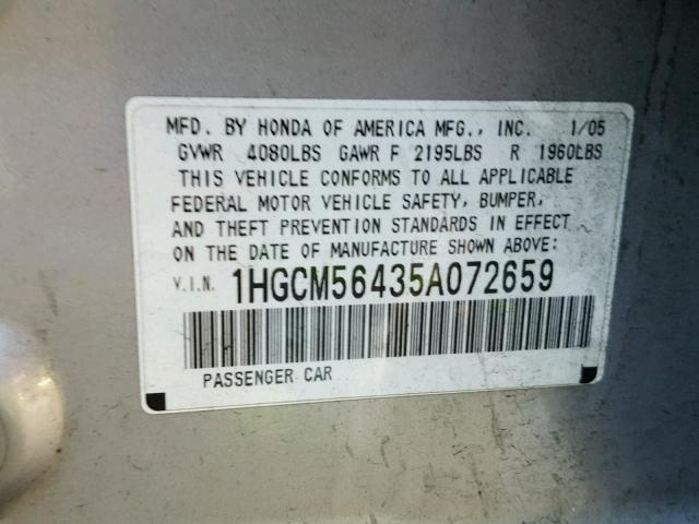 1HGCM56435A072659 - 2005 HONDA ACCORD LX SILVER photo 10