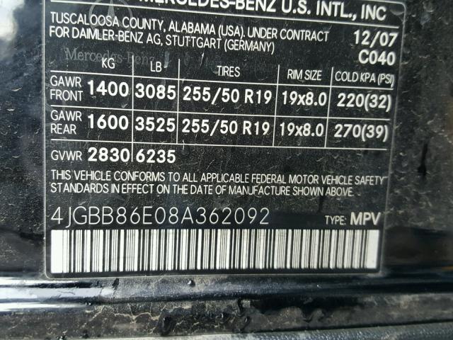 4JGBB86E08A362092 - 2008 MERCEDES-BENZ ML 350 BLACK photo 10