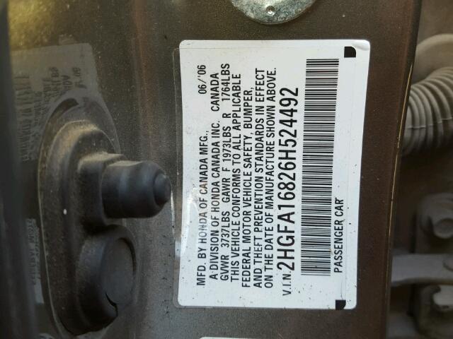 2HGFA16826H524492 - 2006 HONDA CIVIC EX ყავისფერი ფოტო 10