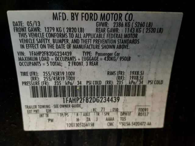 1FAHP2F82DG234439 - 2013 FORD TAURUS LIM BLACK photo 10