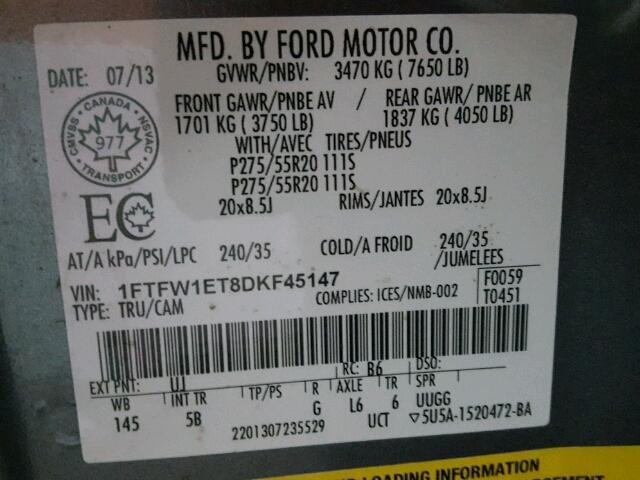 1FTFW1ET8DKF45147 - 2013 FORD F150 SUPER GRAY photo 10