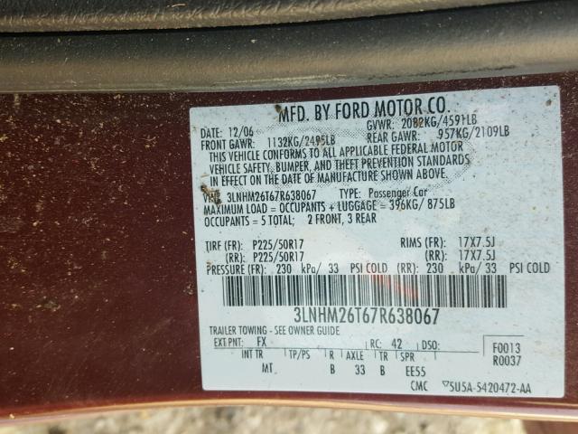 3LNHM26T67R638067 - 2007 LINCOLN MKZ BURGUNDY photo 10