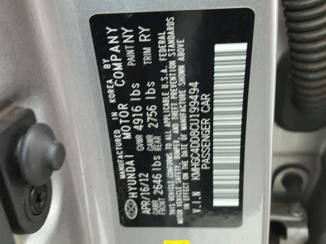 KMHGC4DD8CU199494 - 2012 HYUNDAI GENESIS 3. SILVER photo 10