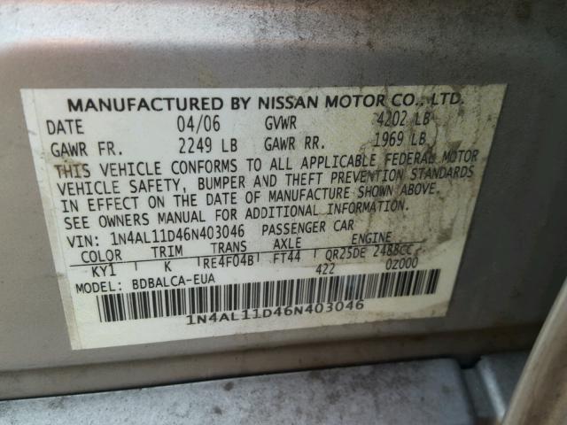 1N4AL11D46N4C3046 - 2006 NISSAN ALTIMA S SILVER photo 10