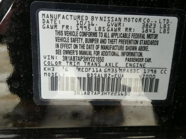 3N1AB7AP3HY221650 - 2017 NISSAN SENTRA S BLACK photo 10