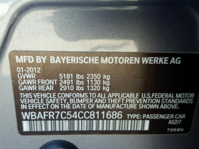 WBAFR7C54CC811686 - 2012 BMW 535 I GRAY photo 10