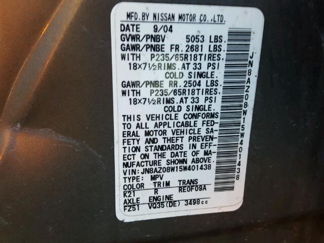 JN8AZ08W15W401438 - 2005 NISSAN MURANO SL GRAY photo 10