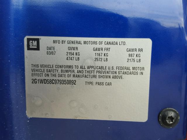 2G1WD58C979350892 - 2007 CHEVROLET IMPALA SUP BLUE photo 10