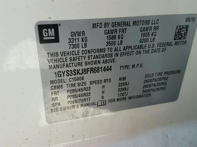 1GYS3SKJ8FR681444 - 2015 CADILLAC ESCALADE E WHITE photo 10