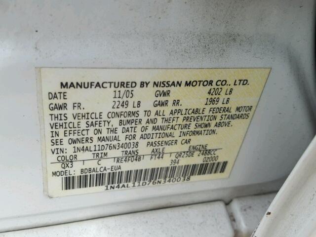 1N4AL11D76N340038 - 2006 NISSAN ALTIMA S WHITE photo 10