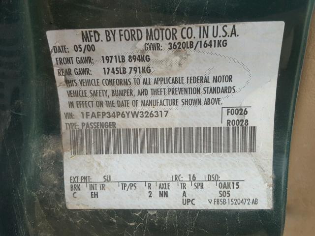 1FAFP34P6YW326317 - 2000 FORD FOCUS SE GREEN photo 10