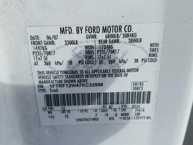 1FTRF12W47KC32998 - 2007 FORD F150 WHITE photo 10