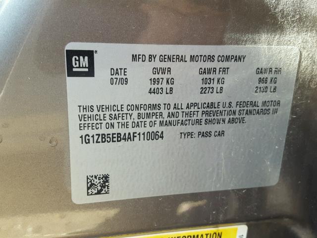 1G1ZB5EB4AF110064 - 2010 CHEVROLET MALIBU LS ნაცრისფერი ფოტო 10