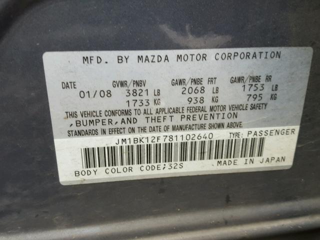 JM1BK12F781102640 - 2008 MAZDA 3 I GRAY photo 10