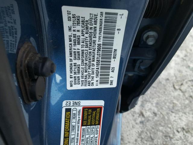 1HGFA16587L079606 - 2007 HONDA CIVIC LX BLUE photo 10