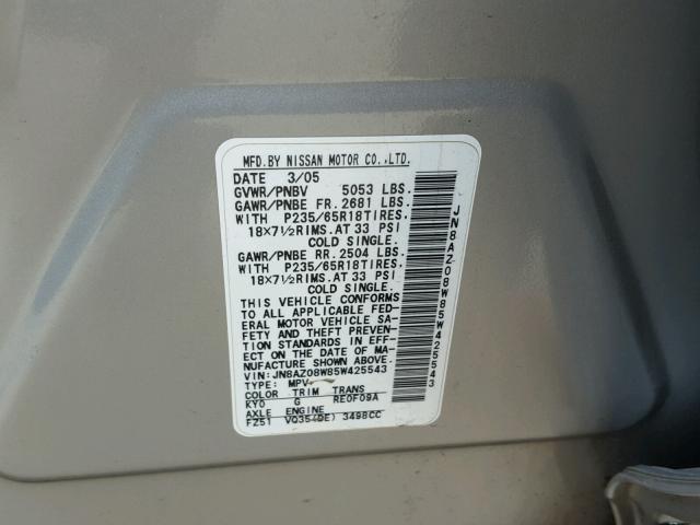 JN8AZ08W85W425543 - 2005 NISSAN MURANO SL SILVER photo 10