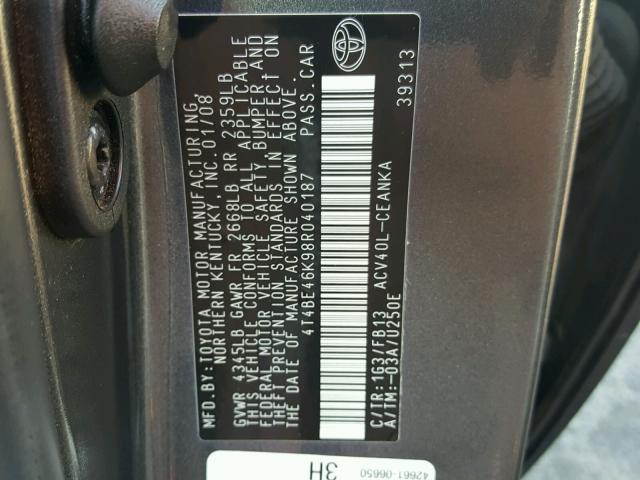 4T4BE46K98R040187 - 2008 TOYOTA CAMRY CE GRAY photo 10