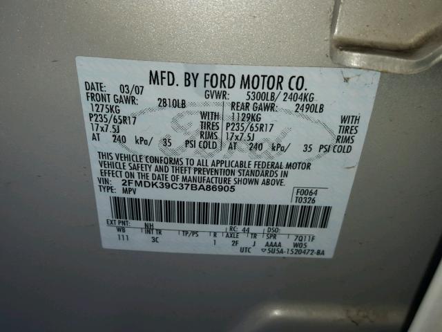 2FMDK39C37BA86905 - 2007 FORD EDGE SEL P CREAM photo 10