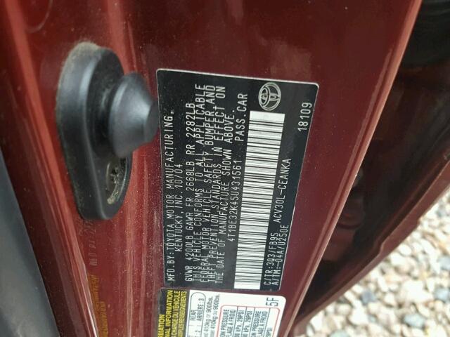 4T1BE32K45U431561 - 2005 TOYOTA CAMRY LE MAROON photo 10