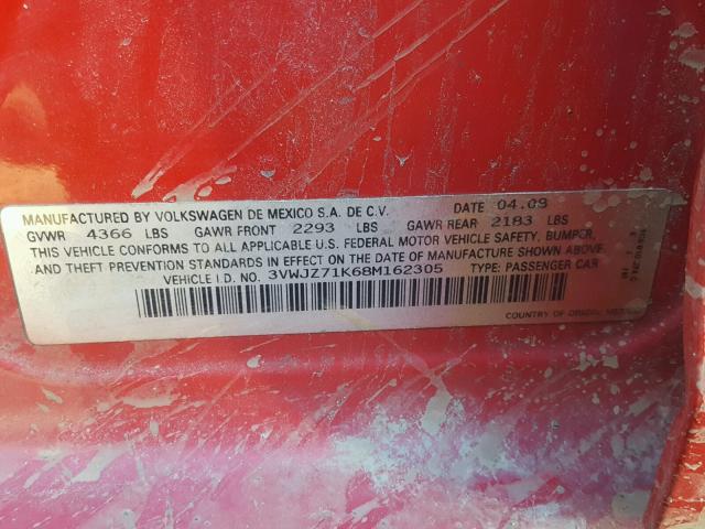 3VWJZ71K68M162305 - 2008 VOLKSWAGEN JETTA S 红色 照片 10