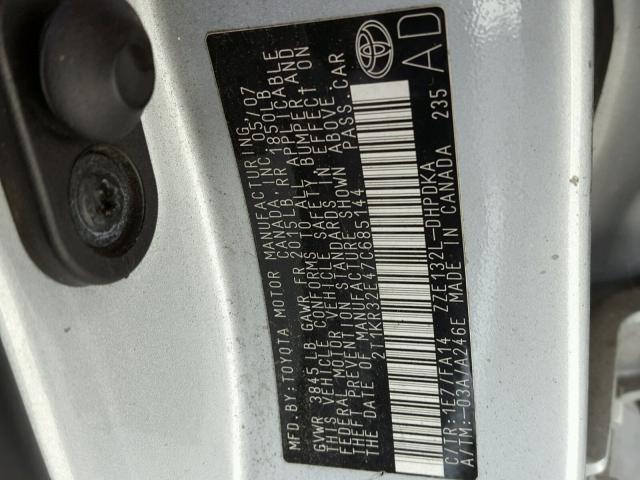 2T1KR32E47C685144 - 2007 TOYOTA COROLLA MA SILVER photo 10