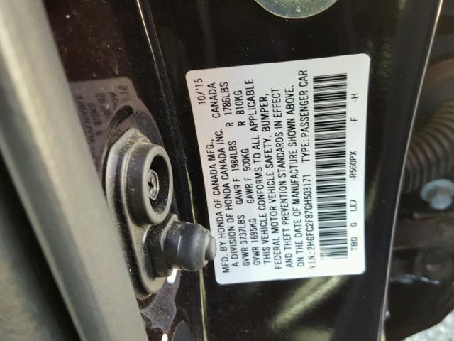 2HGFC2F87GH503171 - 2016 HONDA CIVIC EX შავი ფოტო 10