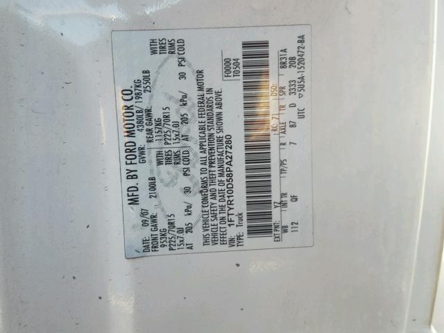 1FTYR10D58PA27280 - 2008 FORD RANGER WHITE photo 10