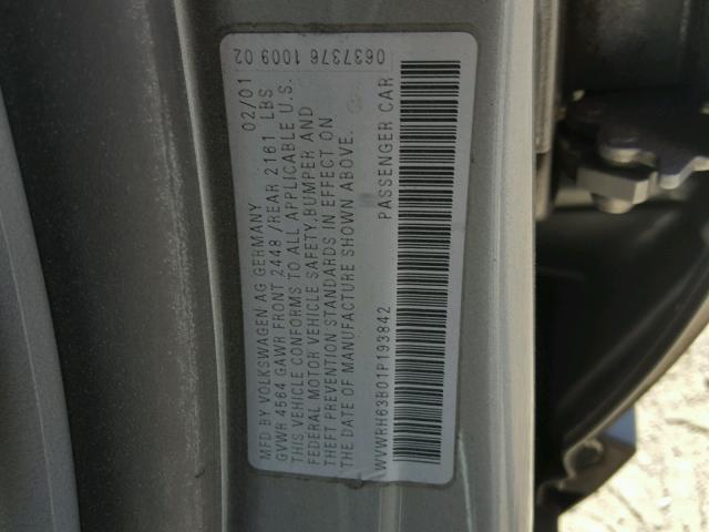 WVWRH63B01P193842 - 2001 VOLKSWAGEN PASSAT GLX GRAY photo 10